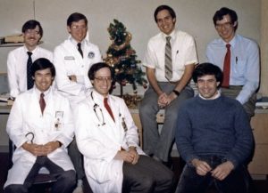 “All the Young Dudes”; Wash U, 1987. (Front row, l-r): Kel Yamada, Steve Leber, Gary Clark; (Back row, l-r): Jeff Neil, Scott Pomeroy, Ken Mack, Jan Mathisen